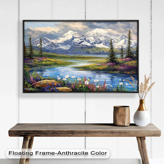 The wildflowers in the foreground draw your eye in this landscape scene, a stunning oil painting home decor featuring snow-capped mountains and a tranquil river.