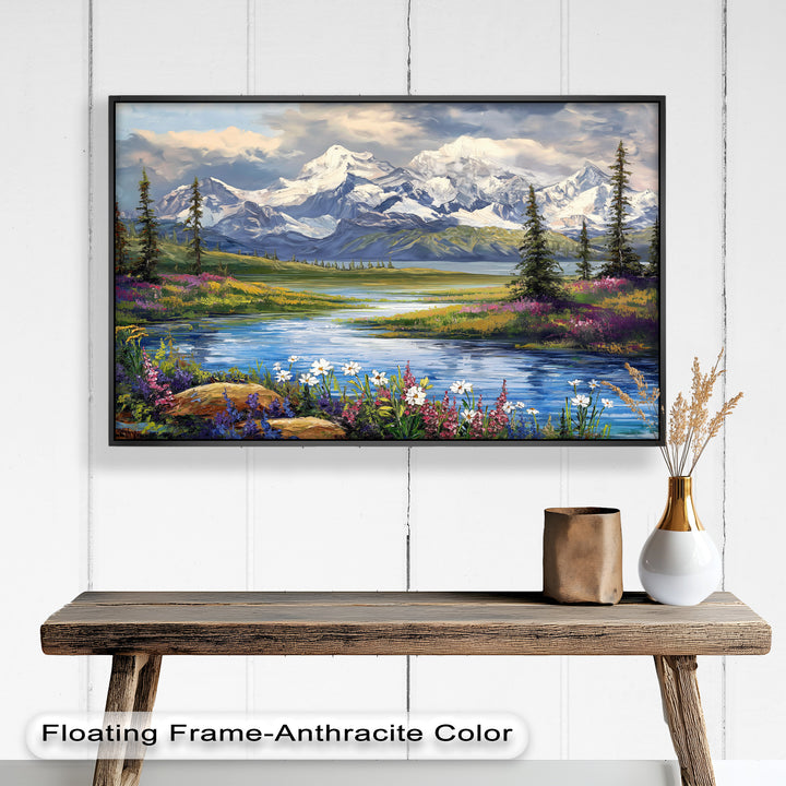 Immerse yourself in the tranquility of nature with this stunning oil painting. Featuring snow-capped peaks, a reflective lake, and vibrant wildflowers, this artwork brings the beauty of the great outdoors into your home.
