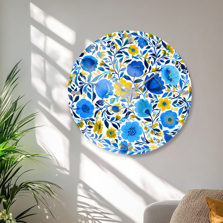Blue and Yellow Floral Glass Wall Clock – Botanical Decor