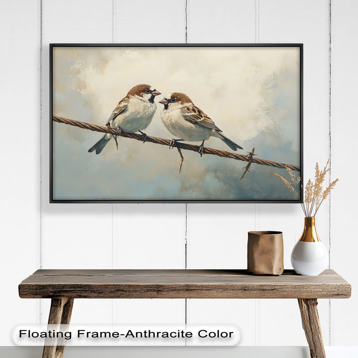 Two Sparrows on a Wire – Bird Oil Painting