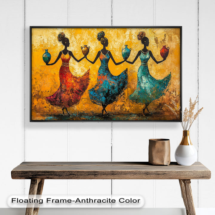 Farbenfrohe afrikanische Frauenkunst – Gerahmtes Ölgemälde