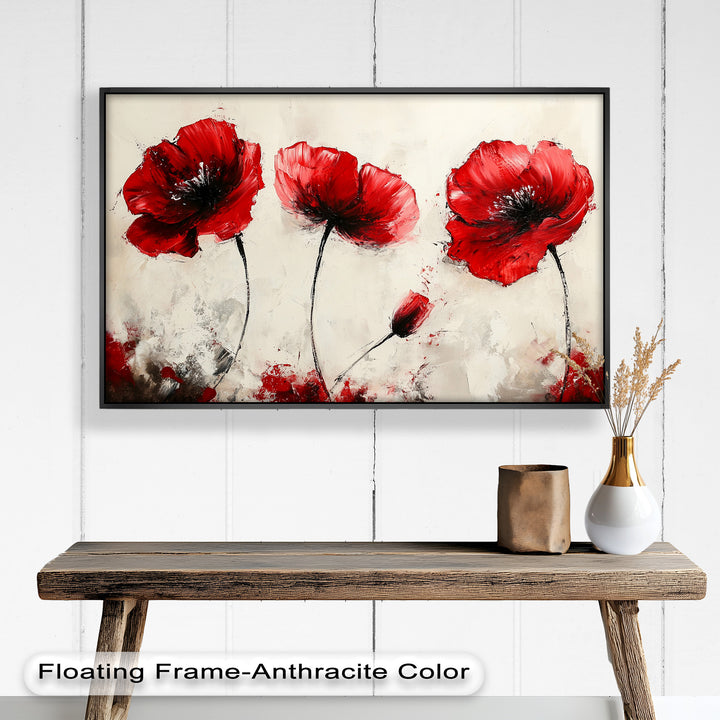 Crimson Elegance – Bold Red Poppies on Cream Flower Oil Painting