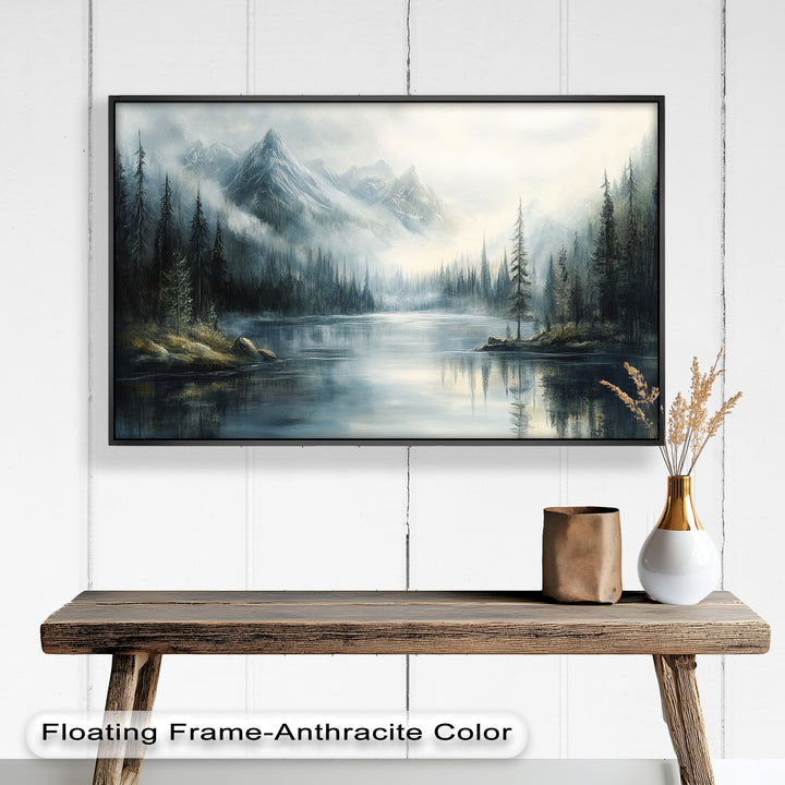 A tranquil and mysterious nature scene unfolds as delicate mist drapes over towering pines and rugged cliffs, blending seamlessly into the cool, reflective lake below.

