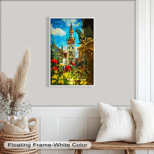 Radiant red and yellow floral arrangements steal focus in this cityscape oil painting wall art depicting a sunlit cathedral square.