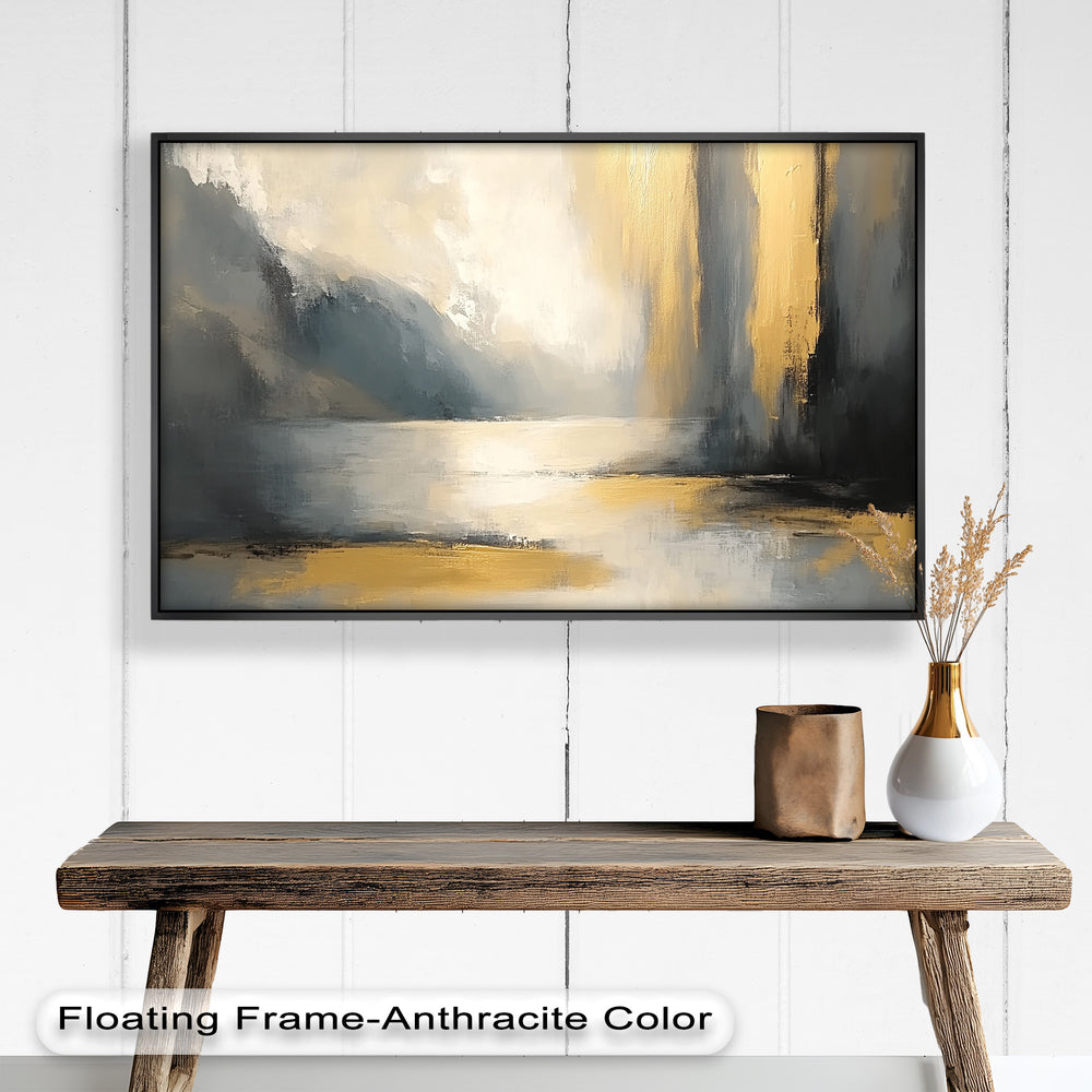 Modern serene artwork featuring soft light, misty hills, and gold accents.
