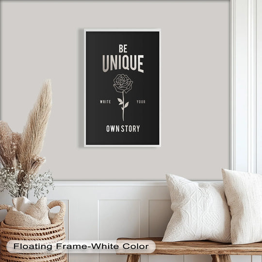The stillness of the oil painting artwork depicting the 'Be Unique' quote and rose design suggests a moment of quiet contemplation and artistic inspiration.