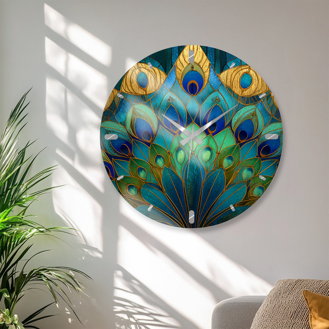 Peacock Feather Glass Wall Clock – Blue Art Nouveau Decor