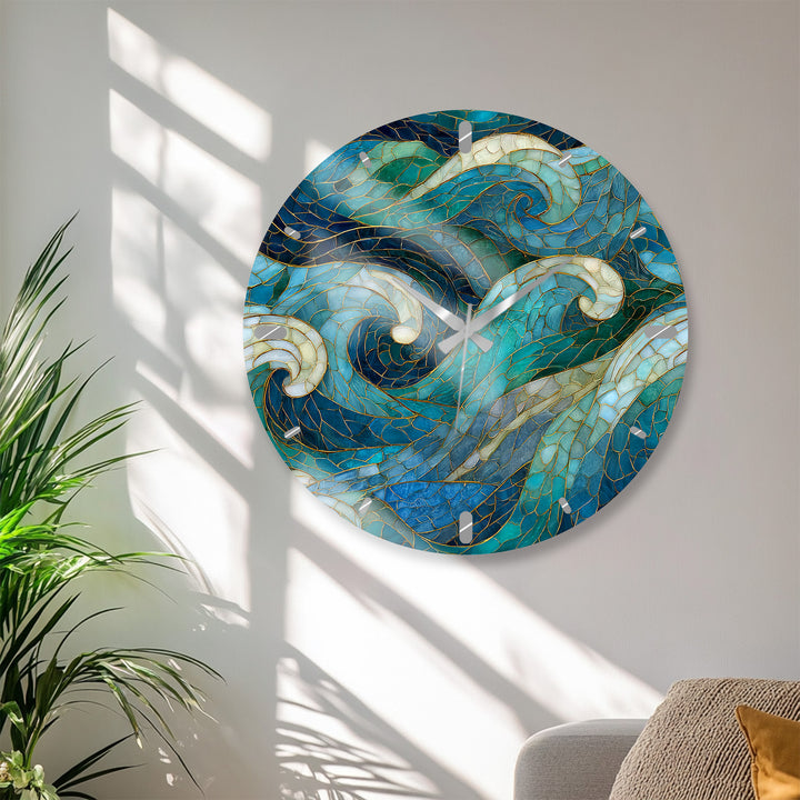 Blue Wave Glass Wall Clock – Abstract Stained Glass Style