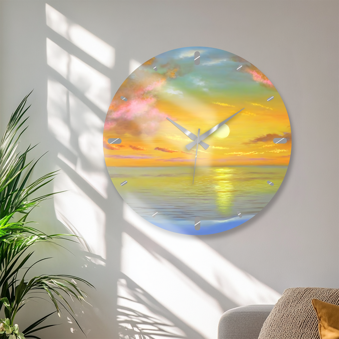 Ocean Sunset Glass Wall Clock – Golden Coastal Decor