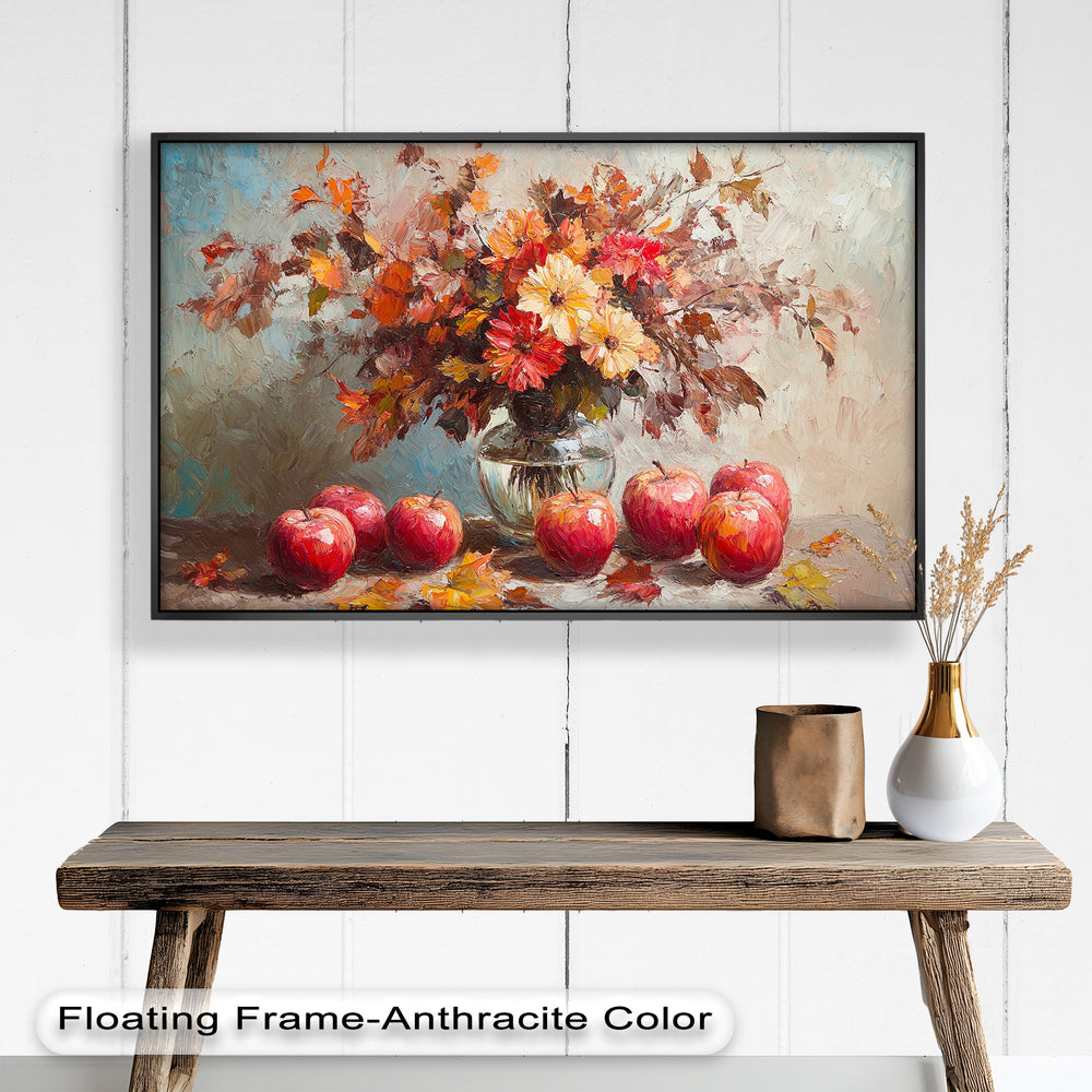 With rich textures and bold brushstrokes, the artwork captures the cozy essence of fall, blending nature’s harvest with seasonal blooms.

