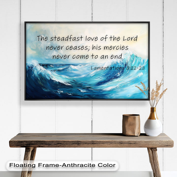 Lamentations Scripture Wall Hanging – Serene Ocean and Encouraging Verse
