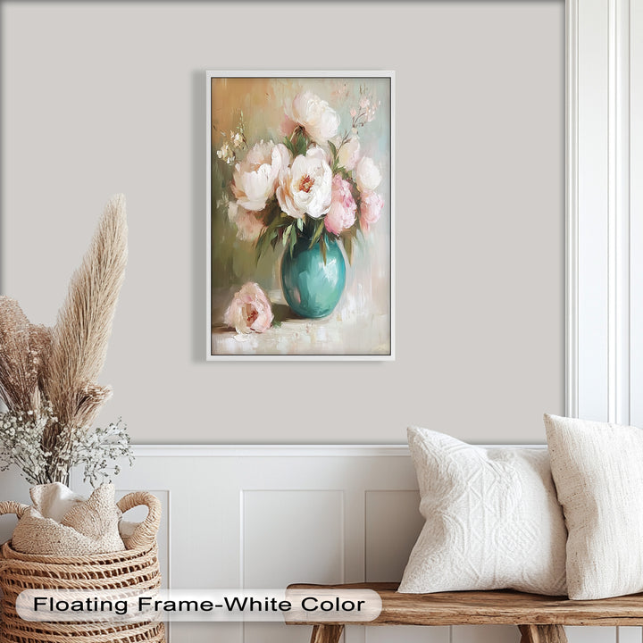Blushing Peonies in Jade Vase – Romantic Flower Oil Painting