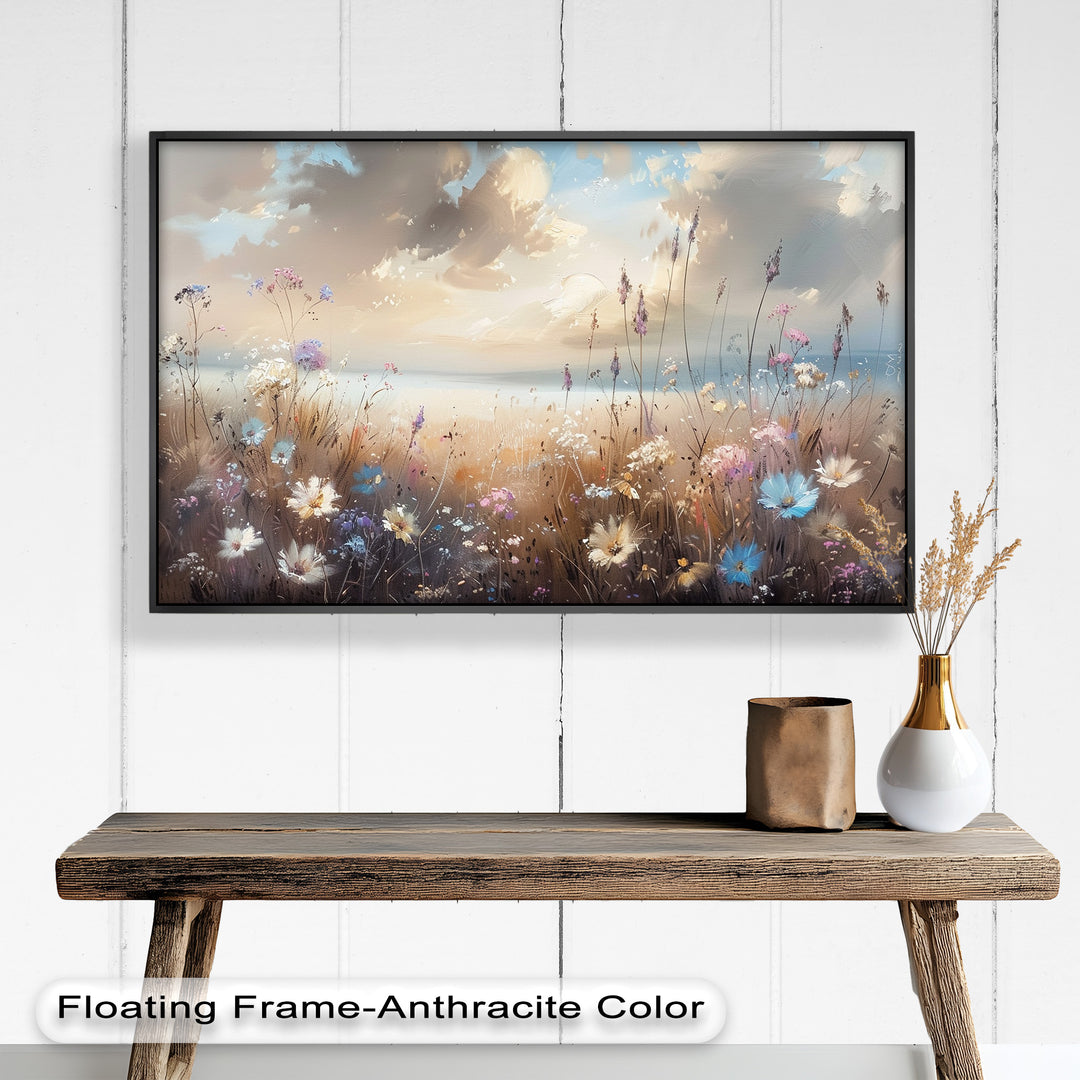 A stunning nature-inspired painting showcasing a tranquil field of wildflowers bathed in warm golden light, with soft clouds drifting across the sky.

