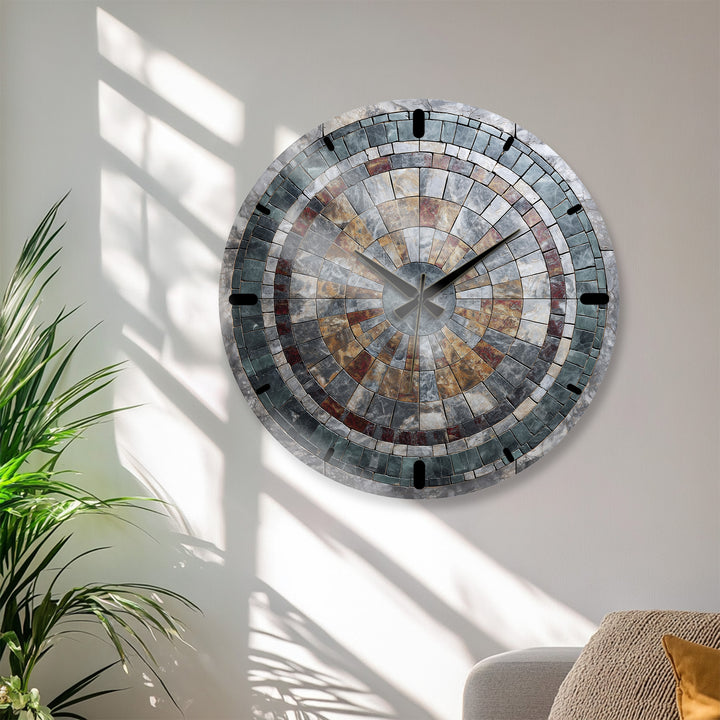 Stone Mosaic Glass Wall Clock – Rustic Geometric Decor