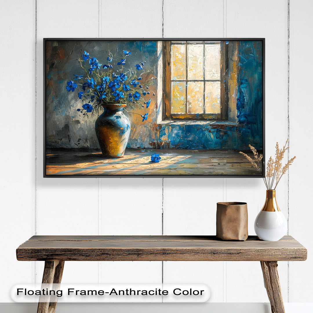 Blue Flowers in Vase – Rustic Still Life Oil Painting