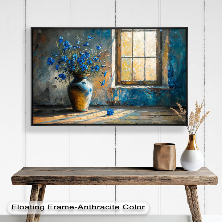 Blue Flowers in Vase – Rustic Still Life Oil Painting