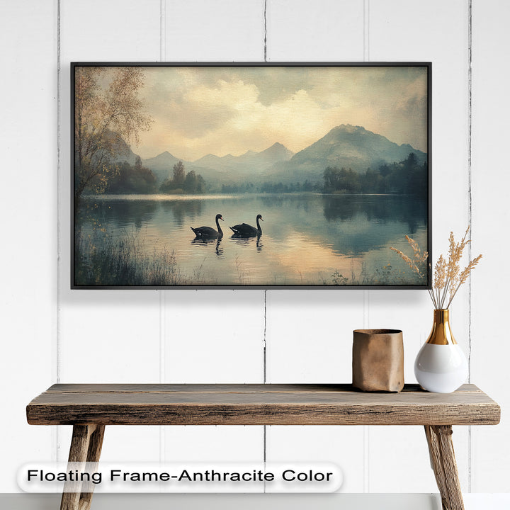 Black Swans on a Mountain Lake – Modern Oil Painting