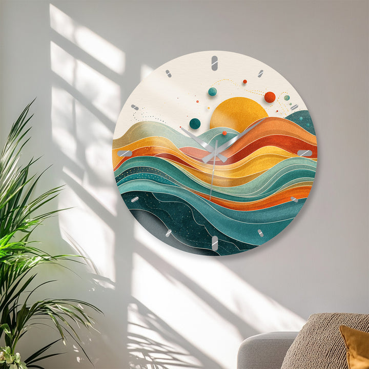 Retro Sunset Glass Wall Clock – Abstract Boho Wave Art
