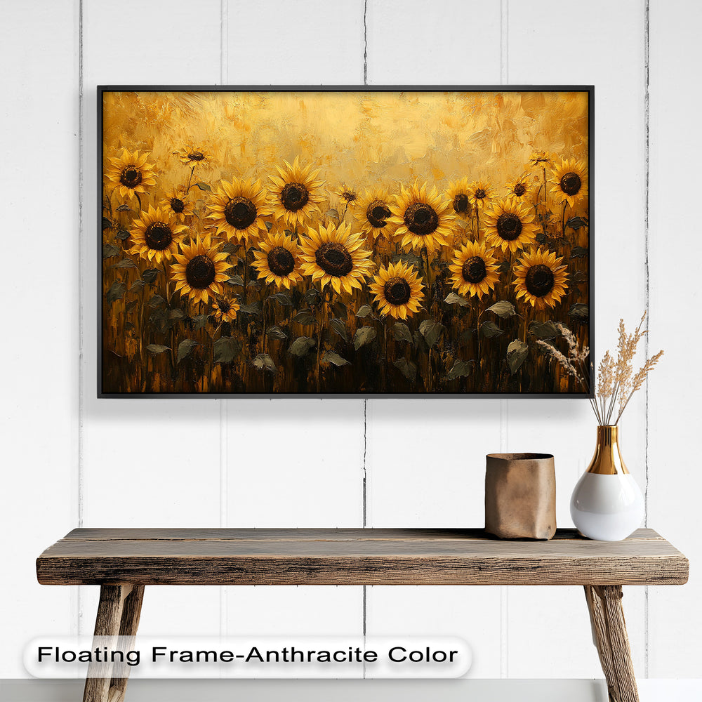 A radiant painting of golden sunflowers in full bloom, set against a richly textured yellow and amber background.