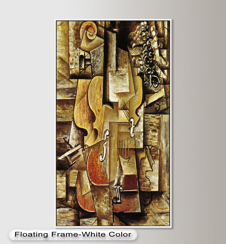 A dynamic cubist still life combining classical instruments and natural elements in a puzzle-like arrangement of shapes.