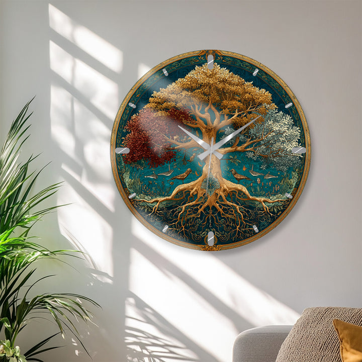Four Seasons Tree of Life Glass Wall Clock – Botanical Decor