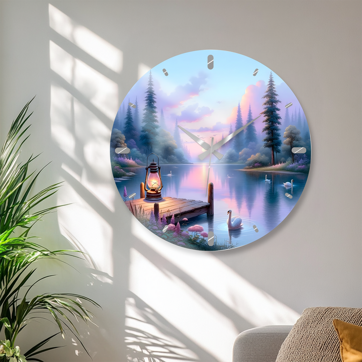Swan Lake Glass Wall Clock – Pastel Forest Landscape
