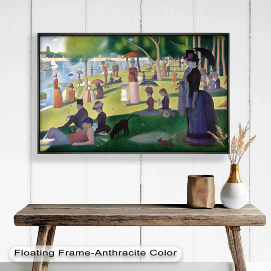 Considering the abstract quality, this pointillist oil painting art piece, 'Sunday Leisure by the Lake', presents an array of figures and colors, rendered with a captivating, dreamlike texture.