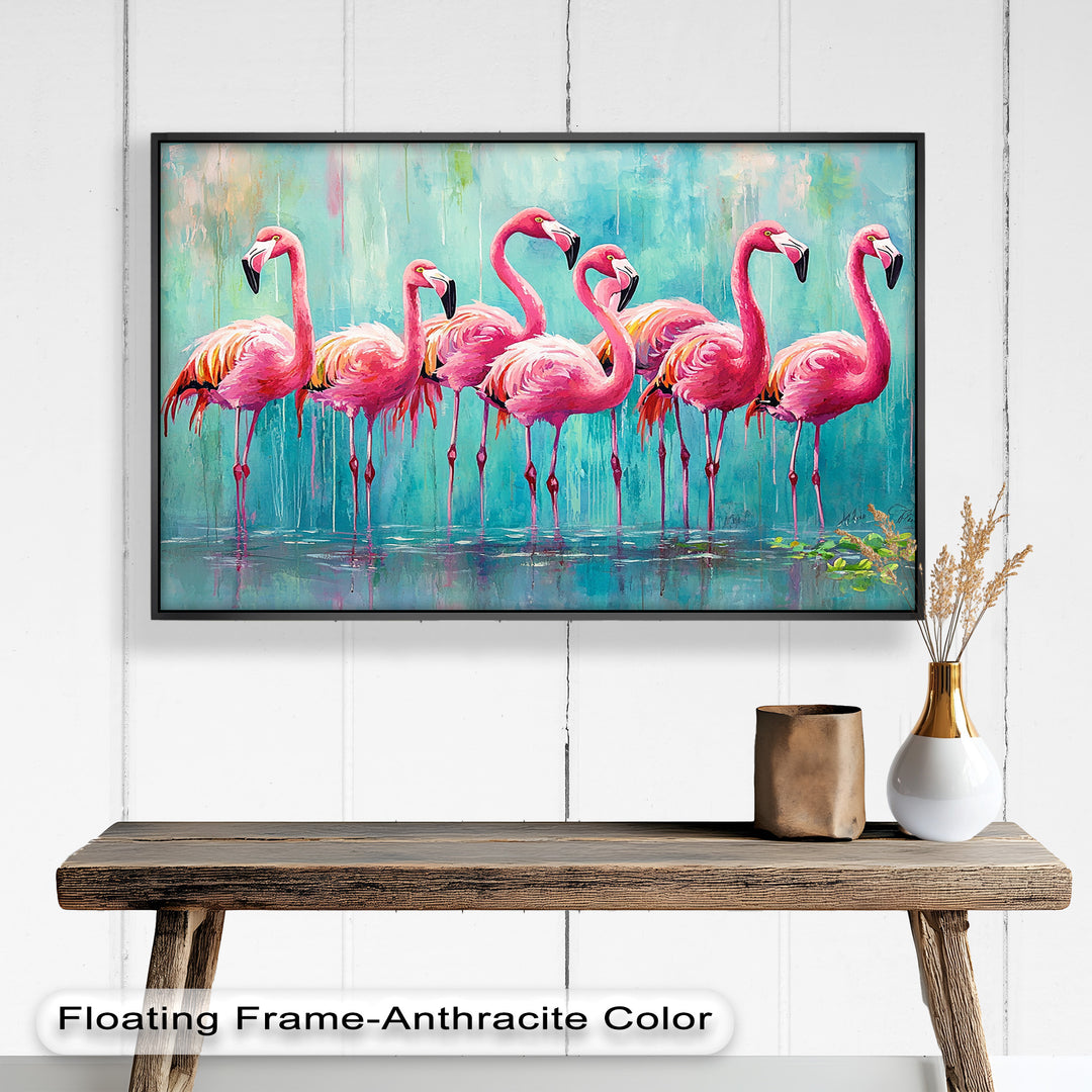 Flamingoschwarm auf dem Wasser – Tierölgemälde