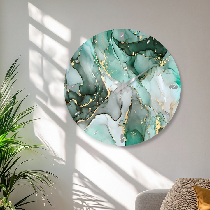 Emerald Green Marble Glass Wall Clock – Gold Accent Decor