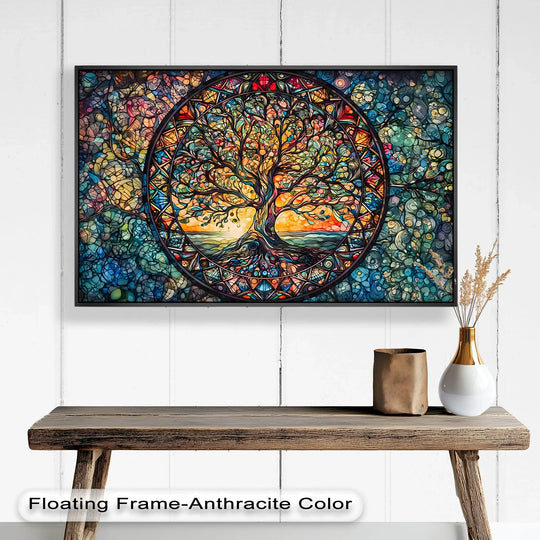 This mesmerizing artwork features a radiant Tree of Life at the center of a stained glass-inspired circle, bursting with rich jewel tones and intricate patterns.

