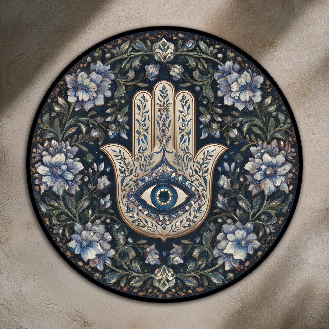 Symbolic focal point features in the floral Hamsa, a round oil painting art prints design that offers protection with a mesmerizing central eye on wood.