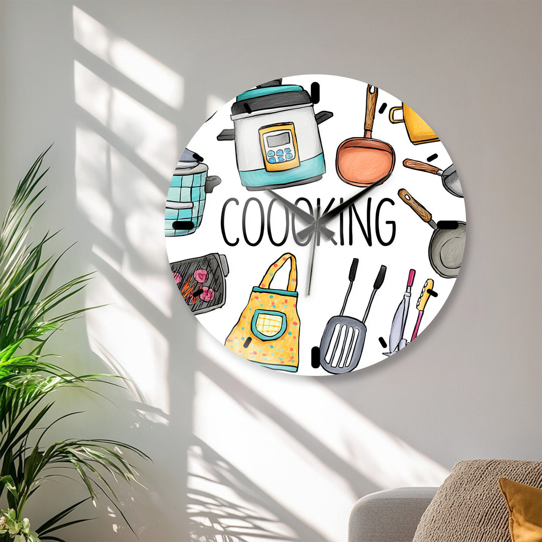 Colorful Cooking Glass Wall Clock – Kitchen Utensil Decor