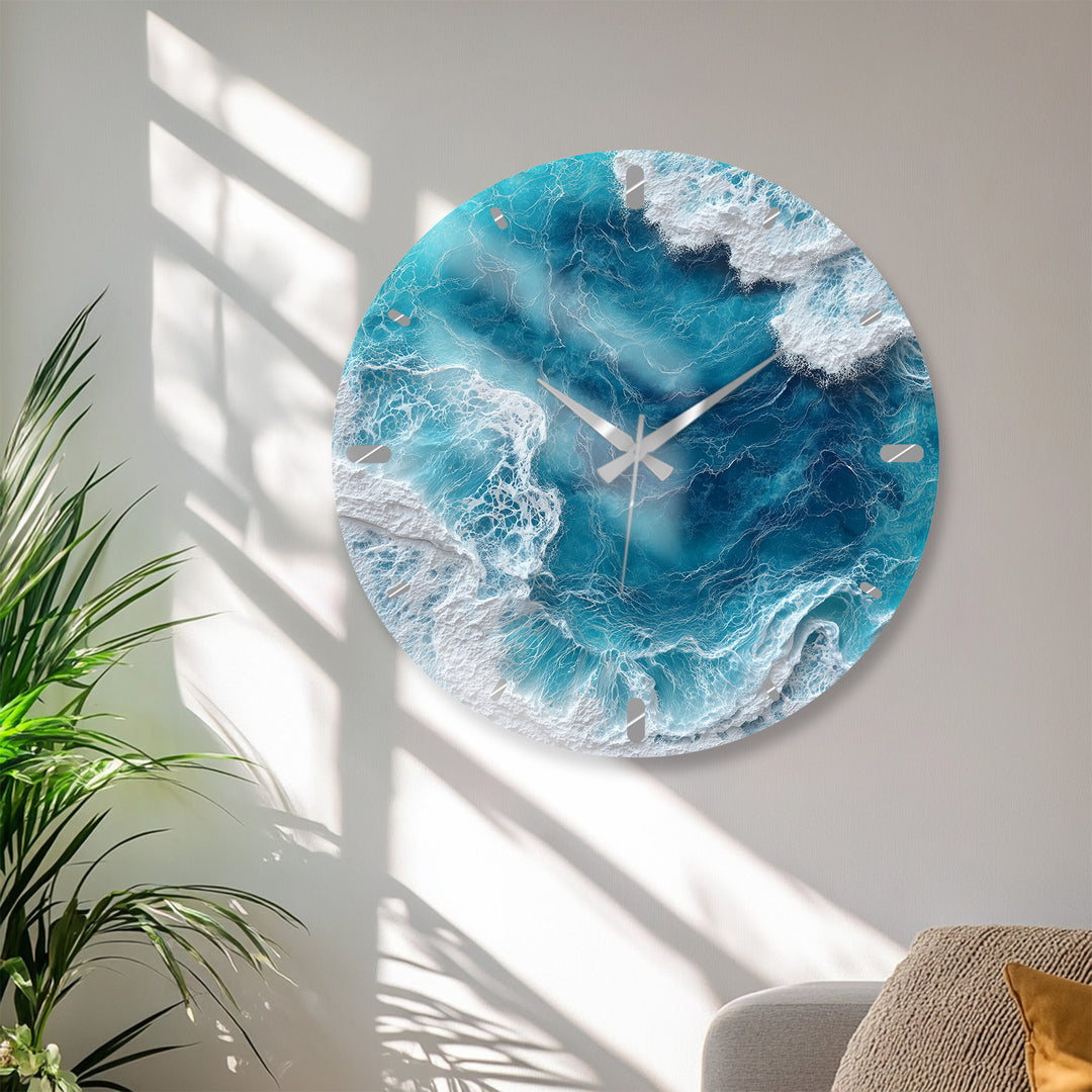 Ocean Waves Glass Wall Clock – Blue Coastal Beach House Decor