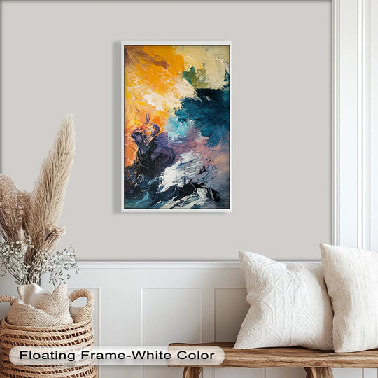 Dramatic strokes define this tempestuous abstract oil painting artwork, a captivating piece featuring an energetic blend of fiery gold and deep oceanic hues.