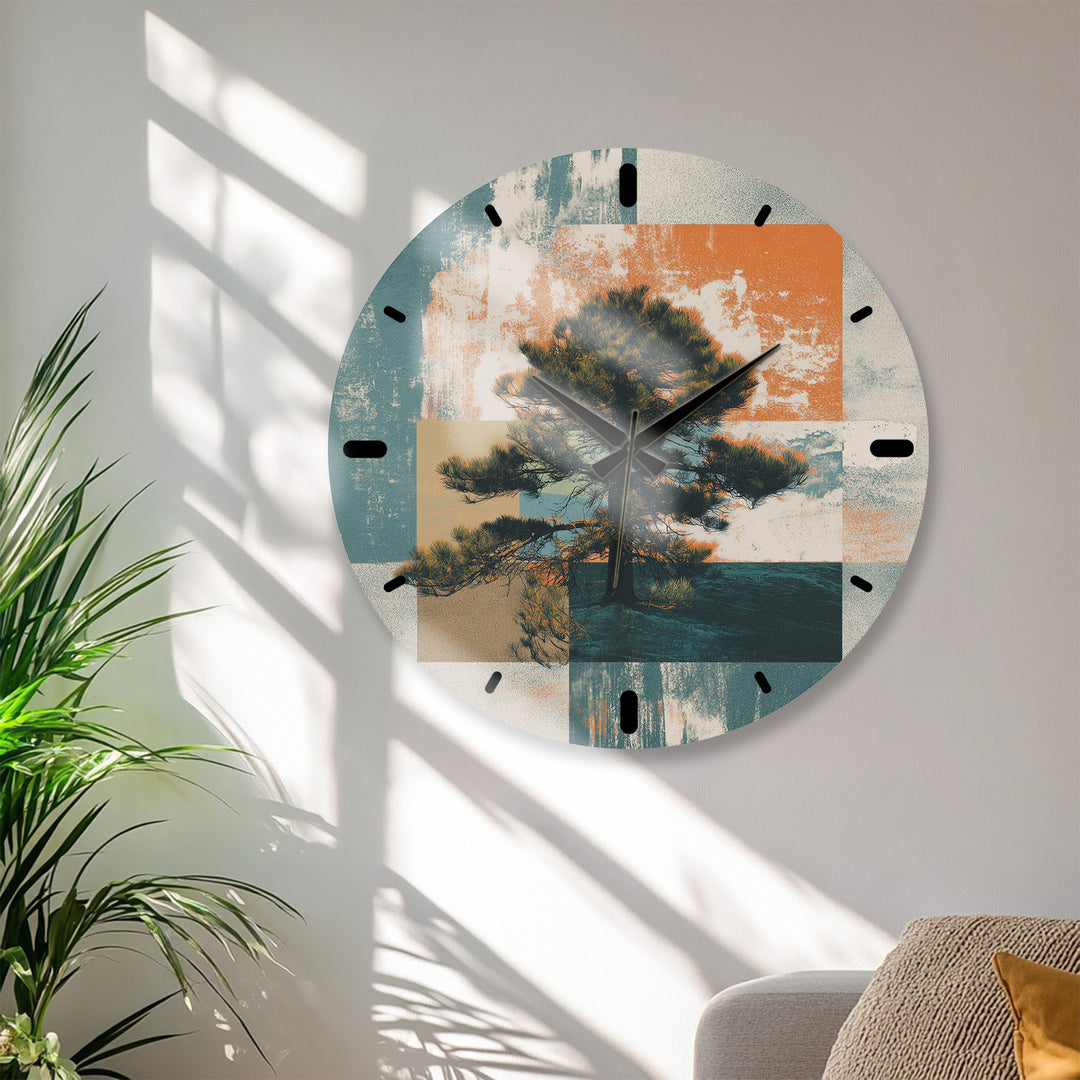 Mid Century Pine Tree Glass Wall Clock – Retro Nature Decor
