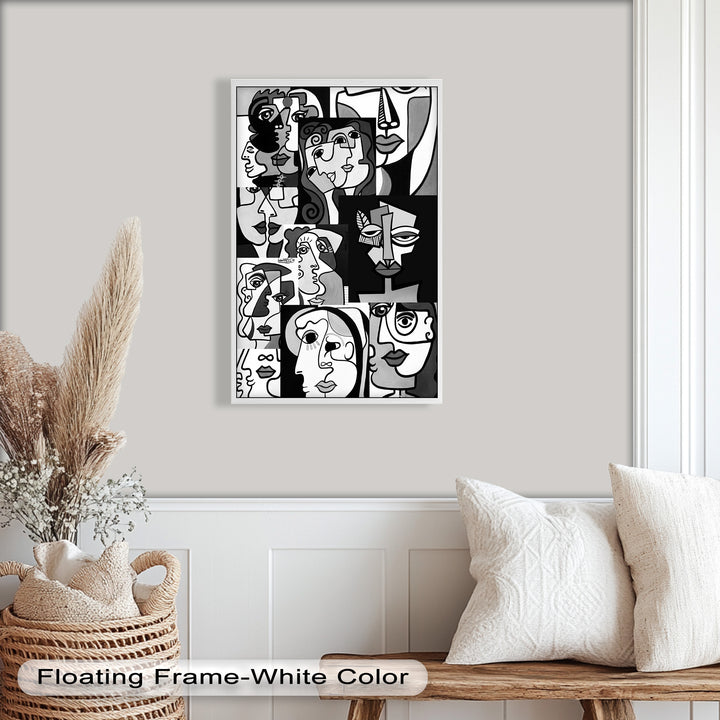 Monochrome Muse – Picasso-inspiriertes Ölgemälde mit kubistischen Gesichtern