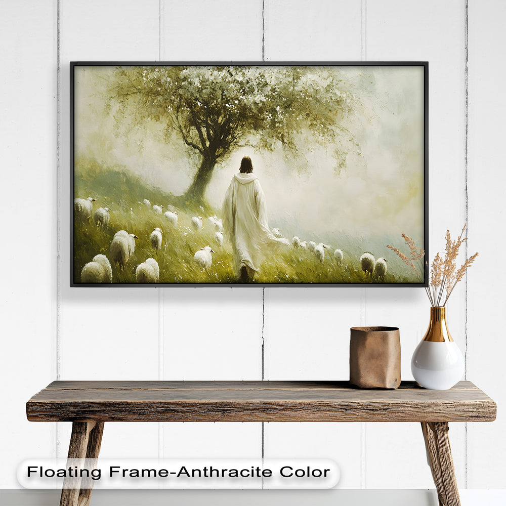 This ethereal artwork captures the essence of guidance and faith, as a shepherd leads his sheep through misty fields, evoking a sense of divine presence and tranquility.

