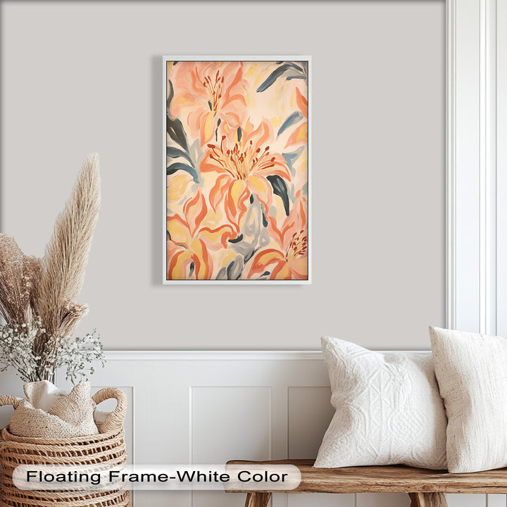 Sunlit Lilies – Abstract Coral Flower Oil Painting