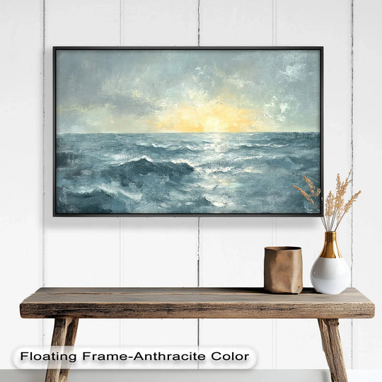 The realistic detail showcases the textured brushstrokes of this seascape oil painting wall art, depicting a sunrise over the ocean with mesmerizing waves.