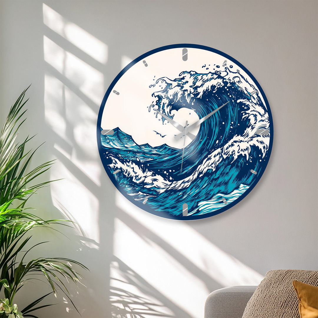 Japanese Wave Glass Wall Clock – Blue Ocean Coastal Decor