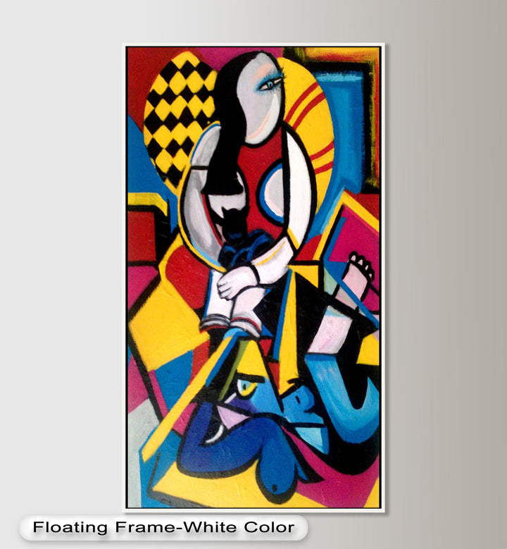 A striking cubist artwork with overlapping angular forms and a contemplative woman holding a cat at the center.