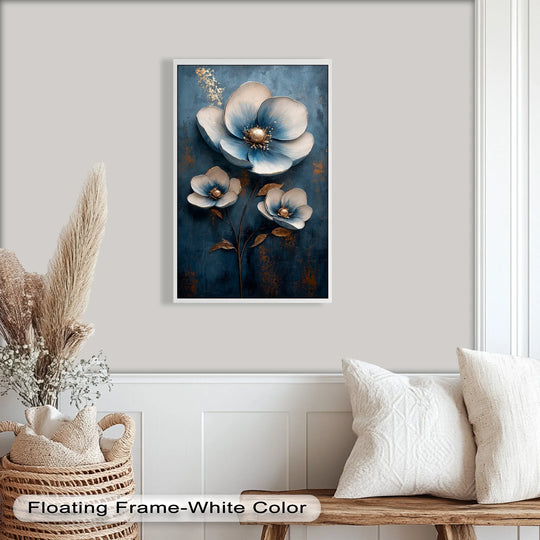 The realistic detail shows a luxurious blue and gold flower oil painting art piece with textured brushwork, enhancing the blossoms' elegance.