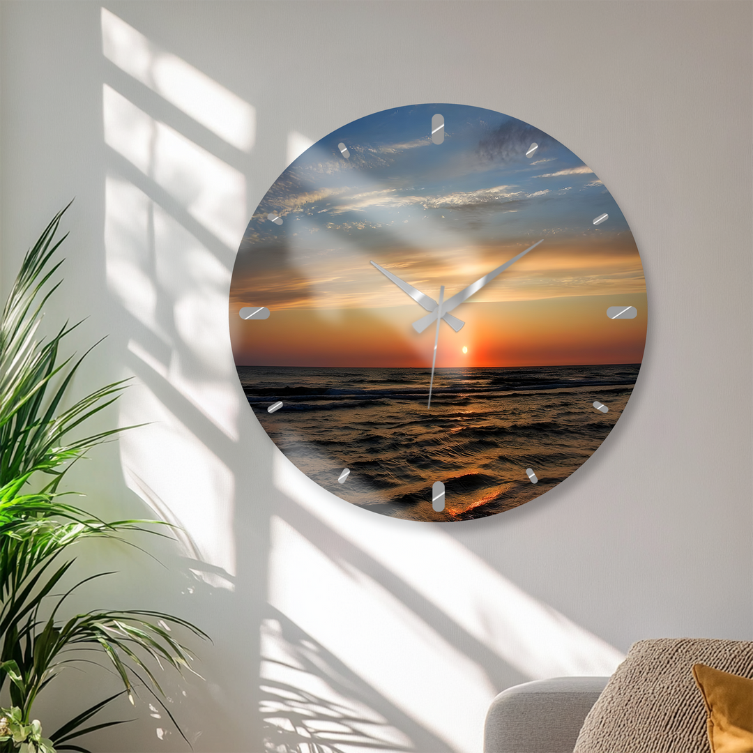 Ocean Sunset Glass Wall Clock – Coastal Beach Decor