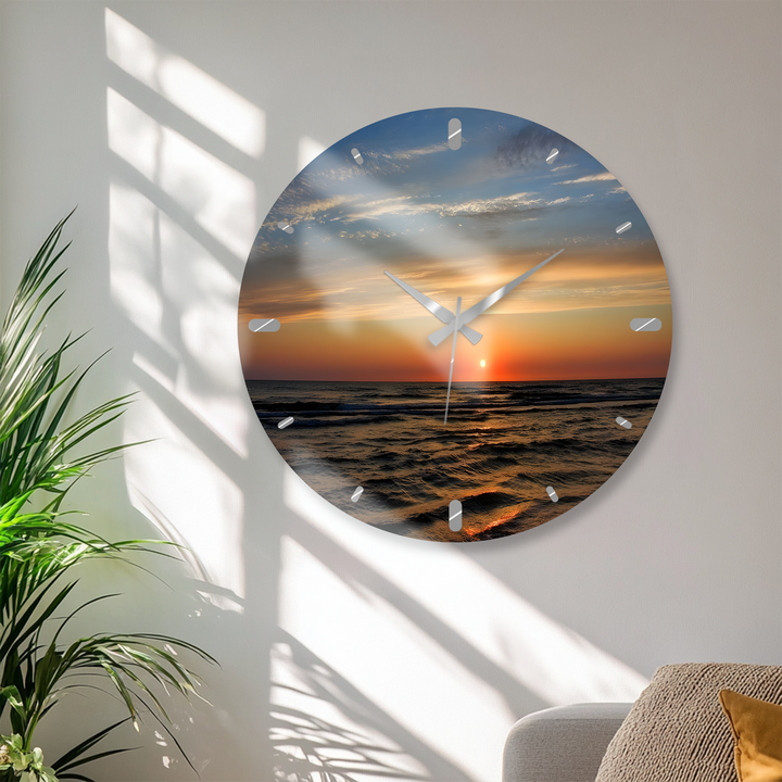 Ocean Sunset Glass Wall Clock – Coastal Beach Decor