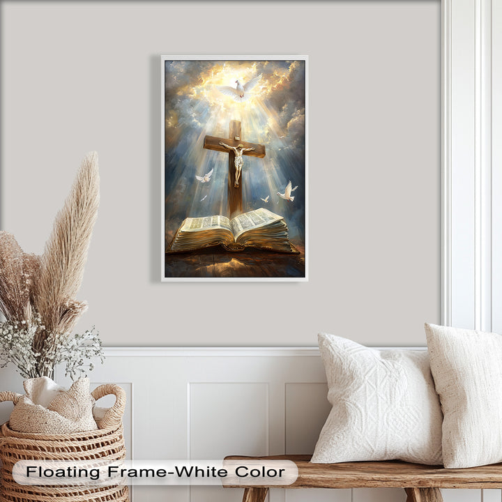 Jesus on the Cross with Open Bible and Doves - Oil Painting