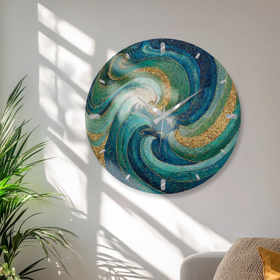 Türkisfarbene Mosaik-Glas-Wanduhr – abstraktes Wirbeldekor