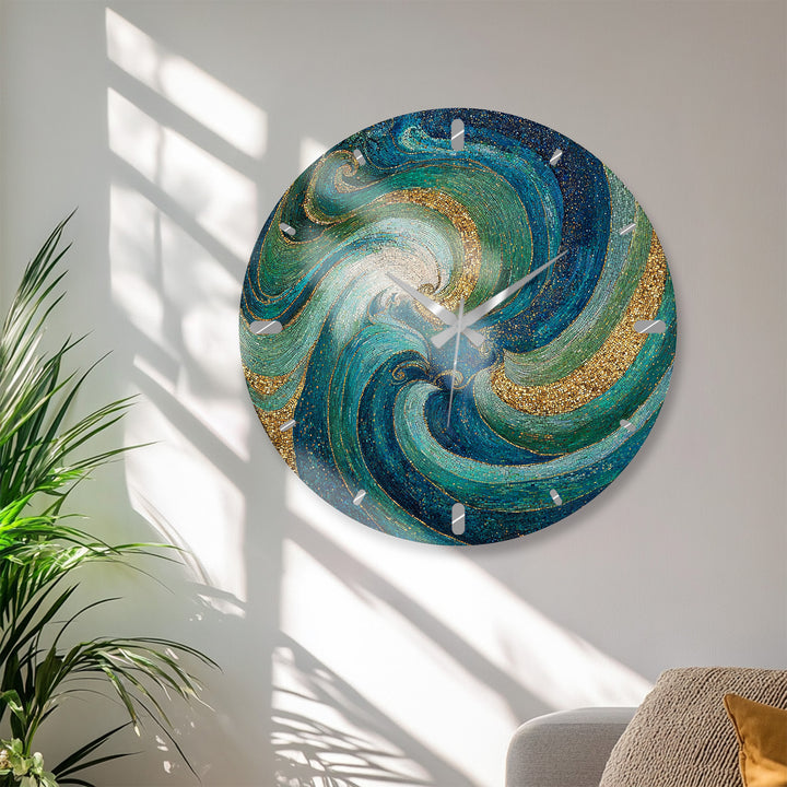 Türkisfarbene Mosaik-Glas-Wanduhr – abstraktes Wirbeldekor