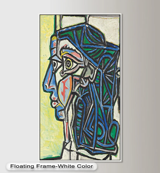 Contrasting light and shadow define the planes of this geometric portrait in a stunning oil painting art prints, its cyan and emerald tones creating a captivating, cubist effect.