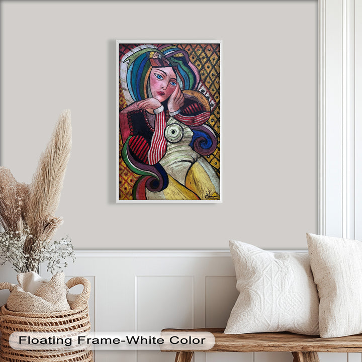 Melancholy in Stripes – Colorful Cubist Woman Portrait Picasso Oil Painting