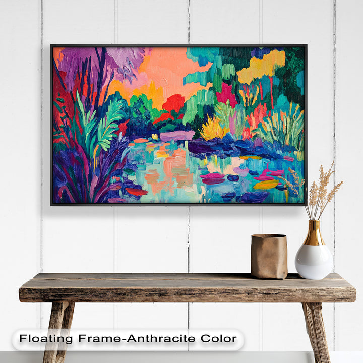 Sunset Reflections Oil Painting – Fauvist Lakeside Dreamscape